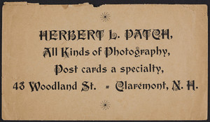 Envelope for Herbert L. Patch, photography, 48 Woodland Street, Claremont, New Hampshire, undated
