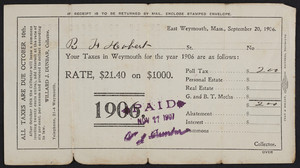 Receipt for property tax, East Weymouth, Mass, September 20, 1906