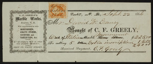 Receipt for C.F. Greely's Marble Works, Exeter, New Hampshire, dated September 22, 1866