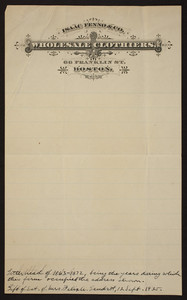 Letterhead for Isaac Fenno & Co., wholesale clothiers, 66 Franklin Street, Boston, Mass., 1863-1872