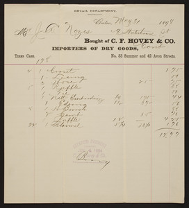 Billhead for C.F. Hovey & Co., importers of dry goods, No. 33 Summer and 42 Avon Streets, Boston, Mass., dated May 31, 1894