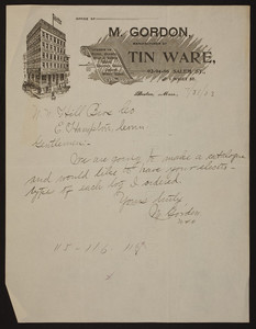 Letterhead for M. Gordon, manufacturer of tin ware, 92, 94, 96 Salem Street and 1 Wiget Street, Boston, Mass., dated July 31, 1903