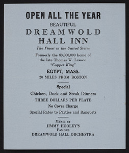 Handbill for the Dreamwold Hall Inn, Egypt, Mass., undated