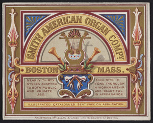 Trade card for the Smith American Organ Company, 531 Tremont Street, Boston, Mass., undated