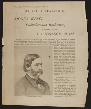 Second catalogue, Moses King, publisher and bookseller, Harvard Square, Cambridge, Mass., undated