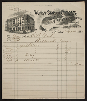 Billhead for Walker Stetson Company, manufacturers, importers, jobbers, Essex & Lincoln Streets, Boston, Mass., dated September 20, 1901