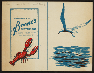 Brochure for Boone's Restaurant, 6 Custom House Wharf, Portland, Maine, undated