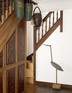 Stairway with crane carving and fire buckets, Cogswell's Grant, Essex, Mass.