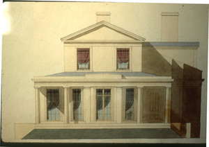 Front elevation of an unidentified Greek Revival cottage, designed by Joseph C. Howard, location unknown, ca. 1846