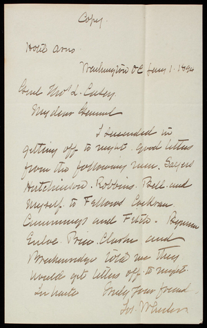 Joseph Wheeler to Thomas Lincoln Casey, January 1, 1894, copy