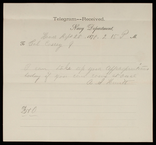 A. S. Hewitt to Thomas Lincoln Casey, 1878, telegram