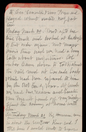 Thomas Lincoln Casey Notebook, February 1890-May 1891, 39, to see Senator and Mrs. Frye and