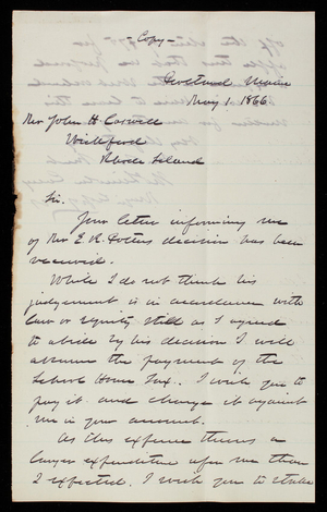 Thomas Lincoln Casey to John H. Caswell, May 1, 1866, copy