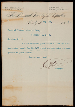 [Charles] H. Stout/National Bank of the Republic to Thomas Lincoln Casey, May 1, 1895