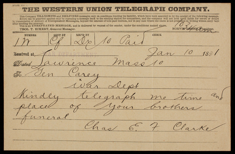 [Charles] E. F. Clarke to Thomas Lincoln Casey, January 10, 1891, telegram
