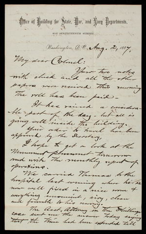 [Bernard] R. Green to Thomas Lincoln Casey, August 2, 1887