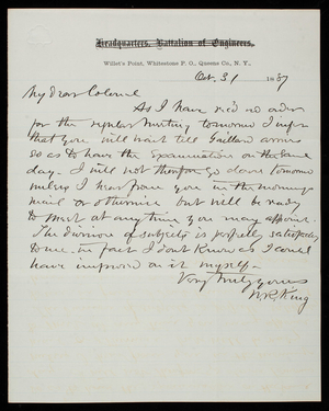 [William] R. King to Thomas Lincoln Casey, October 31, 1887