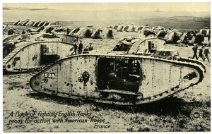 A flock of fighting English tanks ready for action with American troops, France