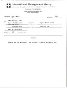 Fax from Mark H. McCormack to David Pelliccioni