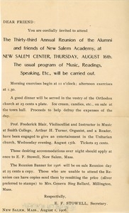 Invitation to the thirty-third New Salem Academy annual reunion