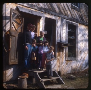 Keller family at doorway, Wendell Farm