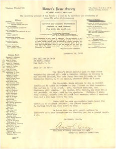 Letter from Women's Peace Society to W. E. B. Du Bois