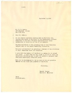 Letter from Independent Citizens Committee for the Arts, Sciences and Professions to W. E. B. Du Bois