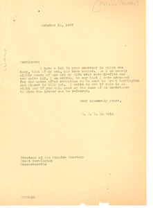 Letter from W. E. B. Du Bois to Mahaiwe Cemetery