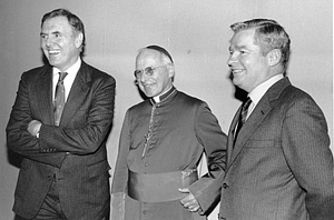 Mayor Raymond L. Flynn and Bishop Lawrence Riley with unidentified man