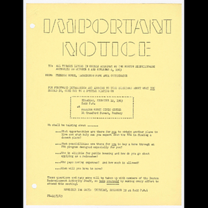 Memorandum from Freedom House, Washington Park Area Coordinator to all tenants living in houses acquired by the Boston Redevelopment Authority on October 8 and November 8, 1963 about meeting on December 12, 1963