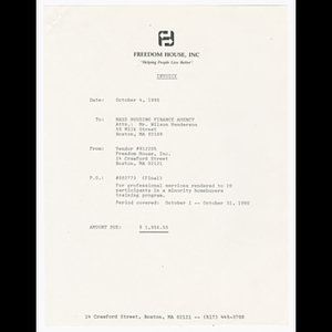 Invoice from Freedom House to Massachusetts Housing Finance Agency for ...