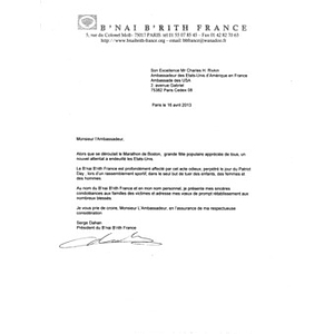 Letter from Serge Dahan, President of B'Nai B'Rith France, to the United States Ambassador to France Charles Rivkin