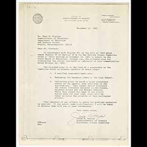 Letter from James R. Hayden to Owen B. Kiernan with memorandum attached about plan to eliminate racial imbalance in schools