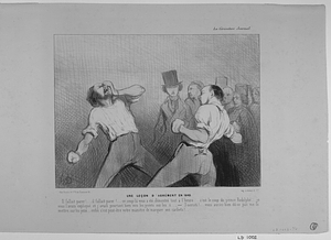 Une LEÇON D'AGRÉMENT EN 1843 (UNE LEÇON D'AGRÉMENT EN 1844). Il fallait parer!... il fallait parer.. ce coup-là vous a été démontré tout à l'heure..... c'est le coup du prince Rodolphe... je vous l'avais expliqué et j'avais pourtant bien mis les points sur les i... - Sacristi!... vous auriez bien dû ne pas me le mettre sur les yeux... enfin c'est peut-être votre manière de marquer vos cachets!....