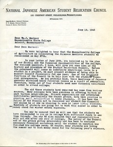 Letter from National Japanese American Student Relocation Council to Massachusetts State College