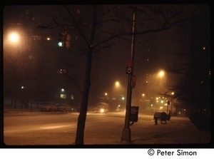 Street scene, New York City (?), in heavy snow