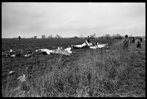Wreckage of a small engine plane crashed in a field during a tornado