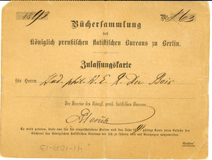 Bücherzammlung des königlich preussischen statistischen Bureaus zu Berlin, Zulassungscarte