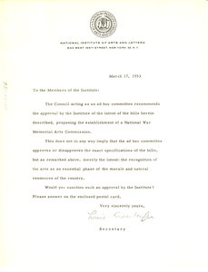 Circular letter from National Institute of Arts and Letters to W. E. B. Du Bois