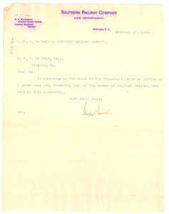 Letter from Southern Railway Company to W. E. B. Du Bois