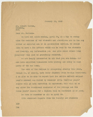 Letter from Laurence L. Doggett to Robert Warren (January 19, 1916)