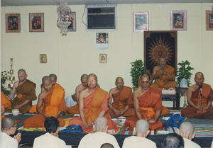 Consecration: The monks follow Venerable Sao Khon and the presiding monk in chanting, 1987