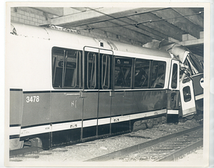 Unidentified Green Line collision, view in tunnel of damaged car