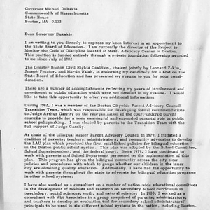 Cover letter from Carmen Pola to Governor Michael Dukakis for an appointment on the Massachusetts State Board of Education