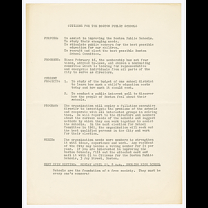 Document about Citizens for the Boston Public Schools Committee purpose, progress and projects