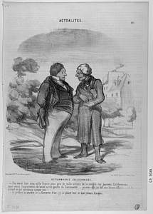 ACTIONNAIRES CALIFORNIENS. - J'ai versé hier cinq mille francs pour prix de mille actions de la société des jaunets Californiens..... nous avons l'exploitation de toute la rive gauche du Sacramento..... je crois que j'ai fait une bonne affaire..... et le gérant en est convaincu comme moi...... - Je préfère la société de la Carotte d'or, j'y ai placé tout ce que j'avais d'argent.