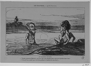 Un BAIGNEUR PRUDENT. - Voyons, monsieur Rigobert, qu'est-ce que vous attendez pour venir me rejoindre dans l'eau? - C'est qu'il me semble que c'est bien profond à l'endroit où vous êtes!...