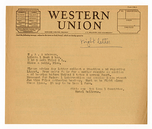 Telegram from Citizens National Committee for Sacco and Vanzetti to S.A. Anderson, circa August 1927