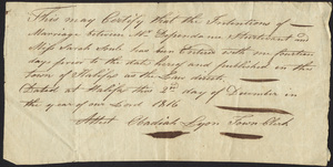 Marriage Intention of Dependance Sturtevant and Sarah Soule, 1816