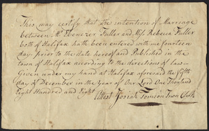 Marriage Intention of Ebenezer Fuller and Rebecca Fuller, 1808